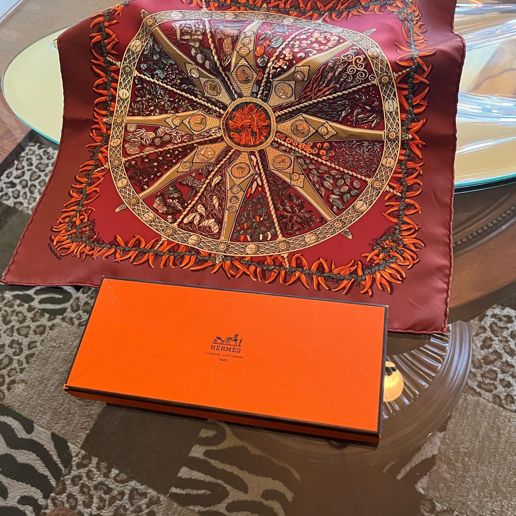 Hermes Burgundy And Orange Silk Medallion Scarf